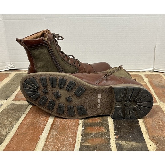 Steve Madden Brown Combat Boots Faux Leather Canvas Lace-Up‎ Zip Ankle Men\'s 13